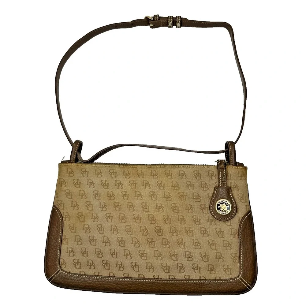 Vtg Dooney Bourke Purse DB Logo Canvas Jacquard Leather Trim Brown Slim